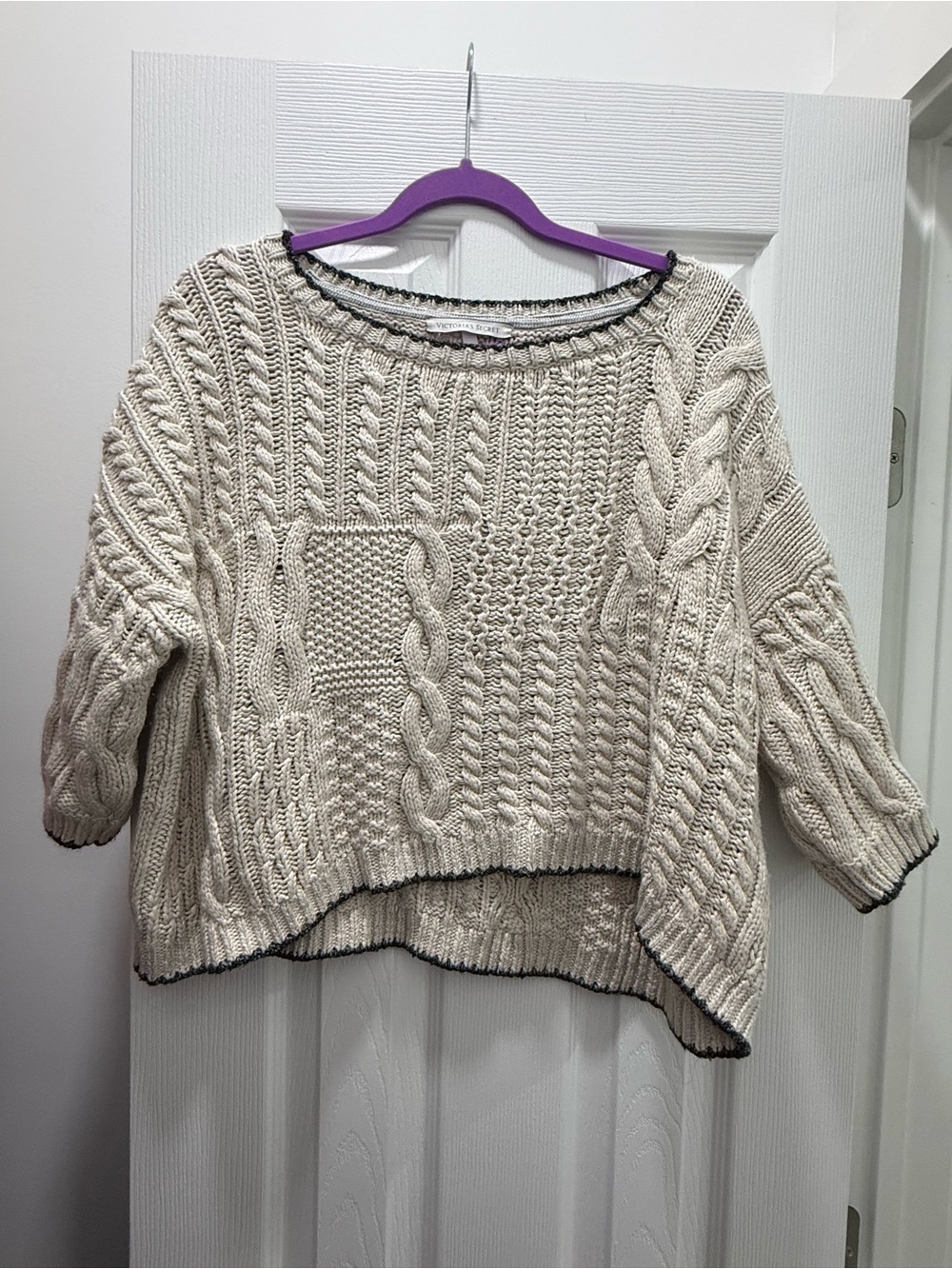 Victoria's Secret Cream Cable Knit Sweater with Black Trim